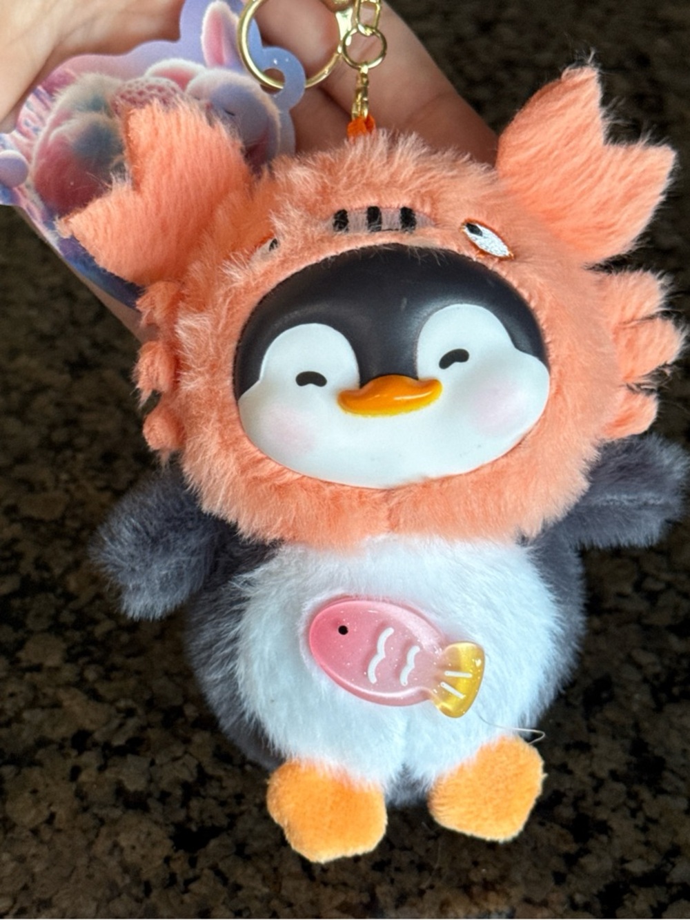 Plush Penguin Keychain Bag Charm with Coral Hood and Fish Charm - Picture 3 of 3